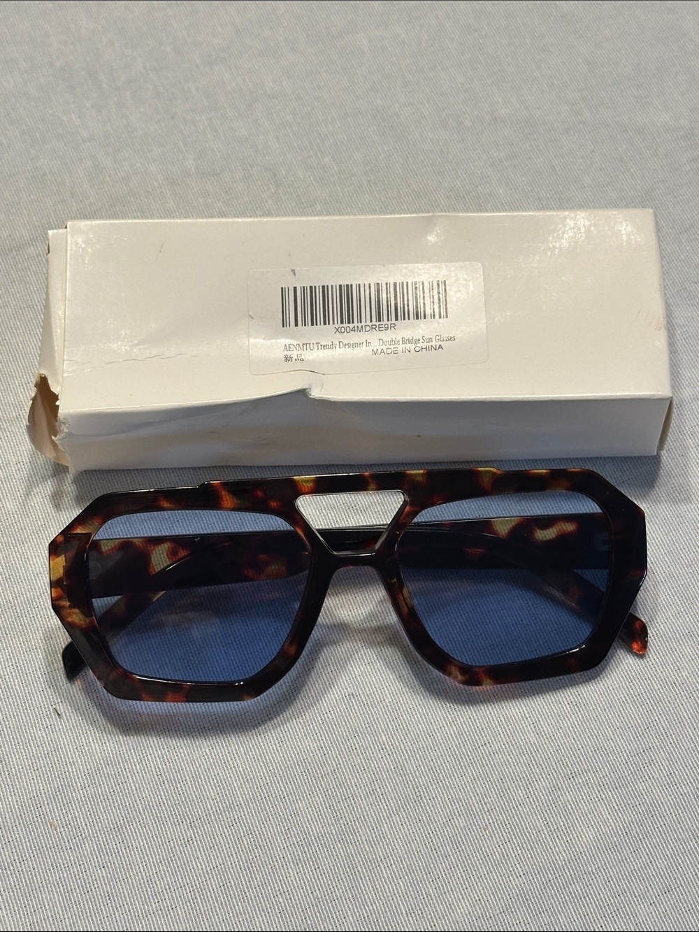 Tortoiseshell Geometric Sunglasses with Blue Lenses